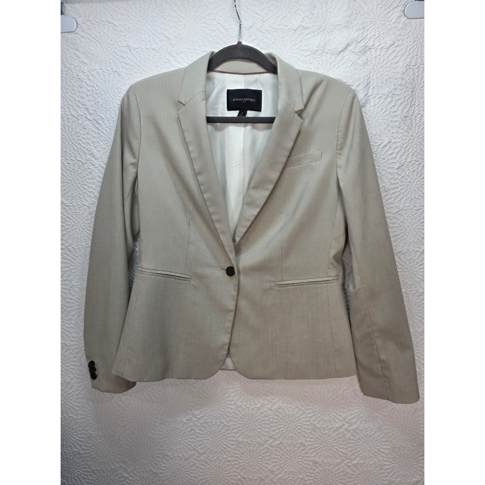 Banana Republic Blazer Women 6 Neutral Mini Stripe Single Button Office Jacket